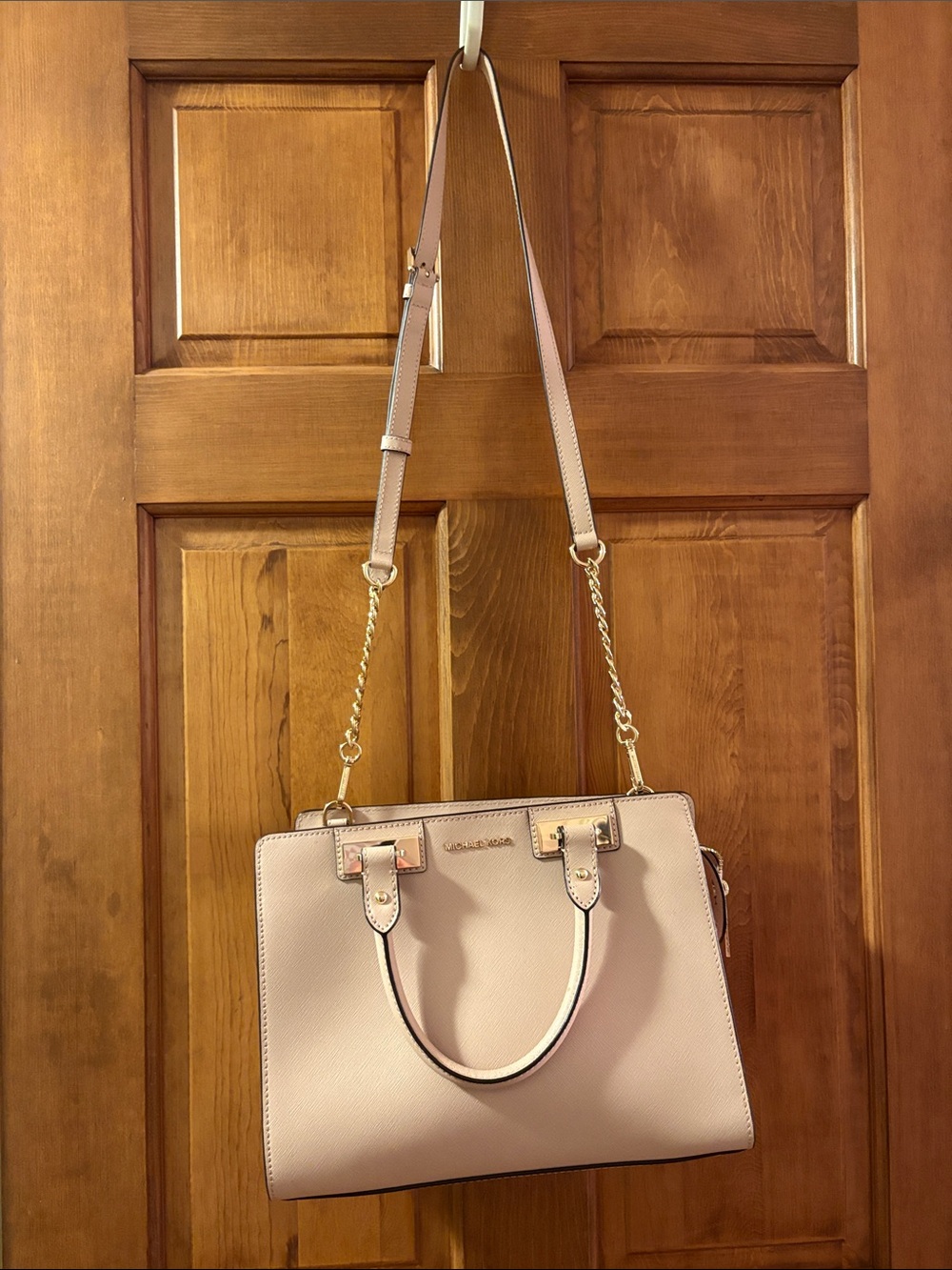 Michael Kors Blush Leather Satchel with Gold-Tone Chain Strap